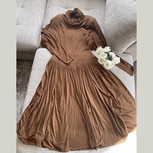 Vintage Lorch Long Sleeve Drop Waist Pleated Midi Dress in Caramel